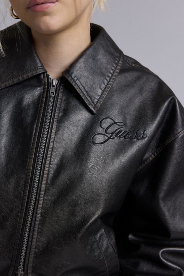 Slide View: 2: GUESS ORIGINALS Distressed Faux Leather Bomber Jacket