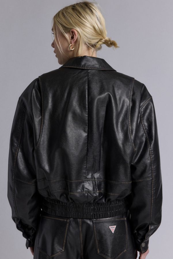 Slide View: 3: GUESS ORIGINALS Distressed Faux Leather Bomber Jacket