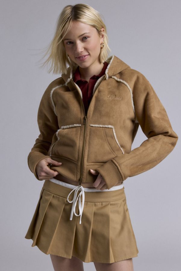 Slide View: 1: GUESS ORIGINALS Faux Suede + Faux Fur Trim Hooded Jacket