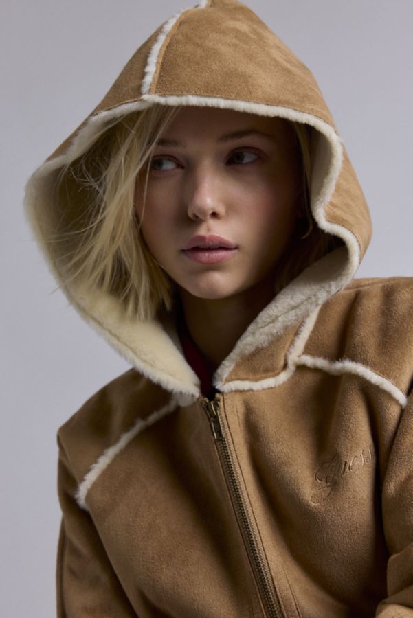 Slide View: 2: GUESS ORIGINALS Faux Suede + Faux Fur Trim Hooded Jacket