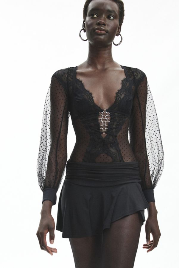 Slide View: 1: Thistle + Spire Constellation Dotted Mesh Long Sleeve Bodysuit