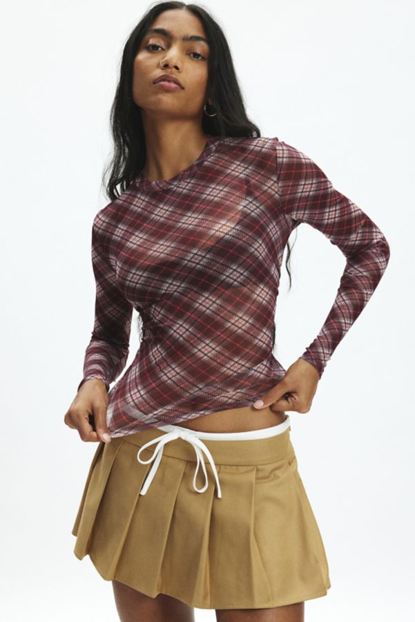 Slide View: 2: GUESS ORIGINALS Plaid Sheer Mesh Long Sleeve Top