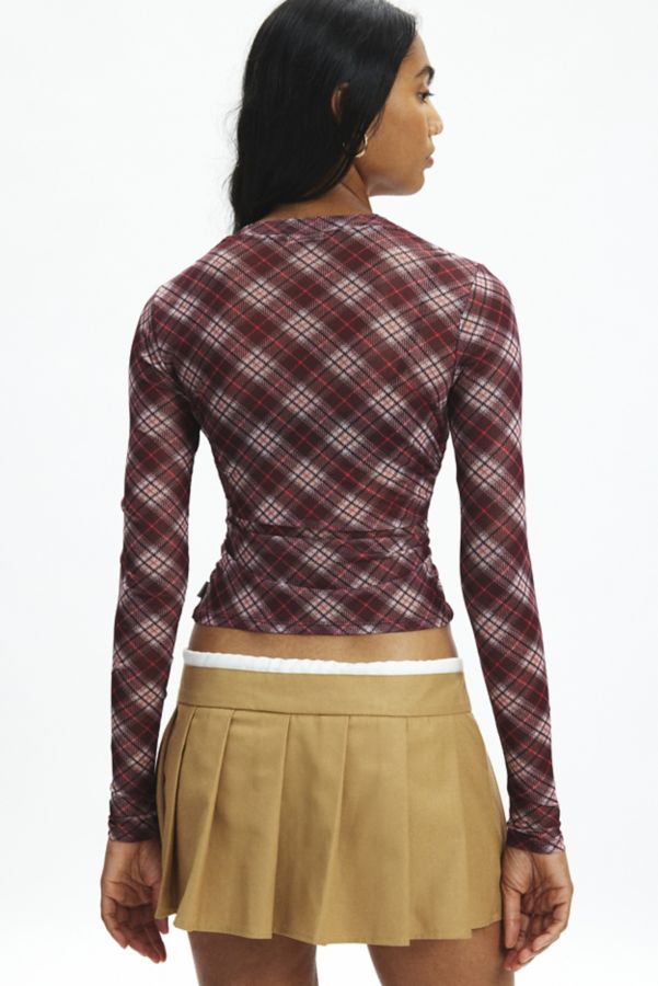 Slide View: 3: GUESS ORIGINALS Plaid Sheer Mesh Long Sleeve Top