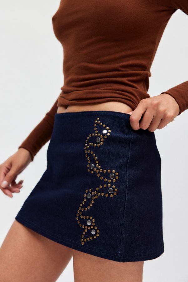 Slide View: 1: Ecote Lulu Denim Studded Low Rise Mini Skirt