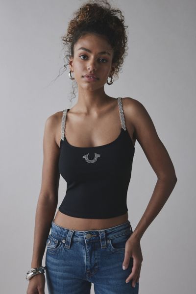 True Religion Crystal Strap Rib Cropped Tank Top