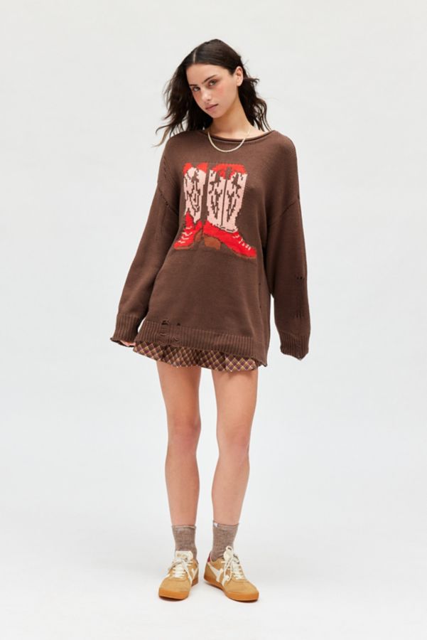 Slide View: 1: BDG Stella Cowboy Boot Graphic Distressed Pullover Sweater