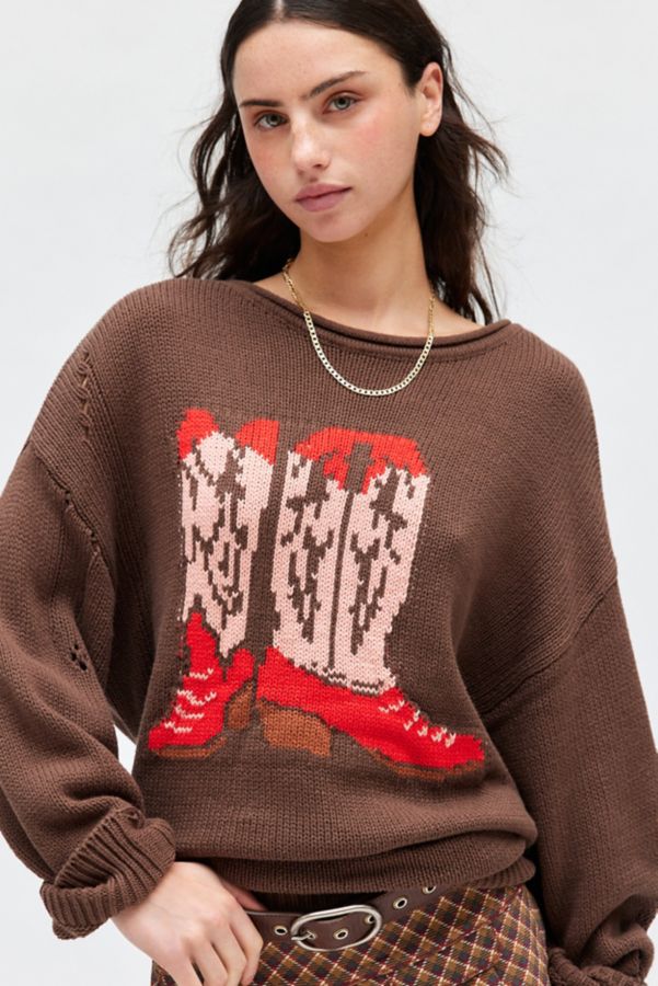 Slide View: 2: BDG Stella Cowboy Boot Graphic Distressed Pullover Sweater