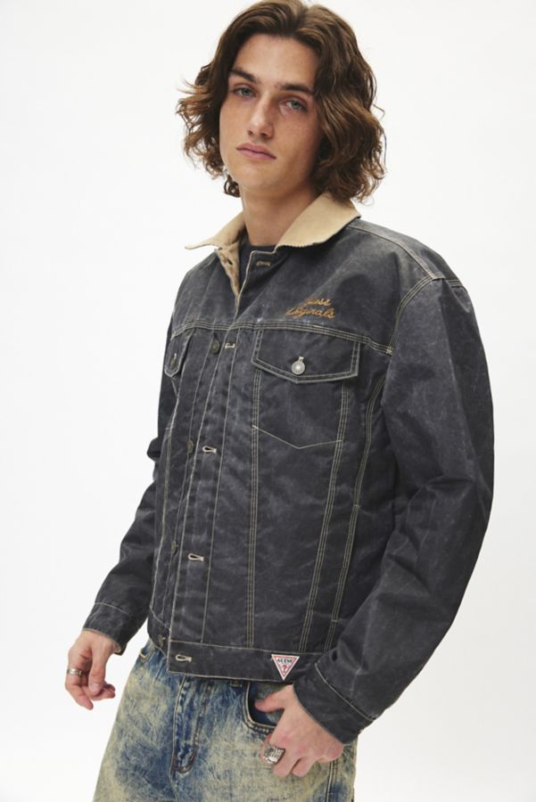 Slide View: 1: GUESS ORIGINALS Washed Denim Printed Nylon Trucker Jacket