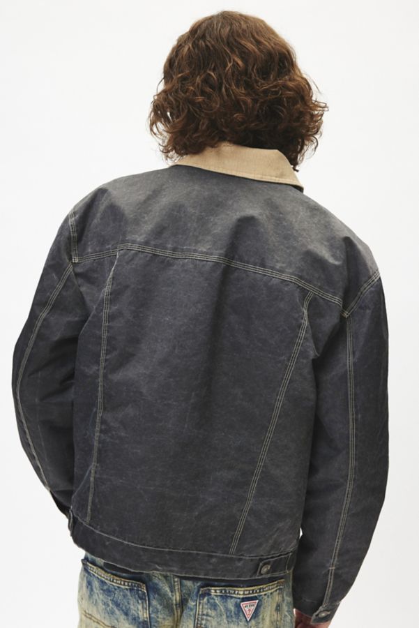 Slide View: 2: GUESS ORIGINALS Washed Denim Printed Nylon Trucker Jacket