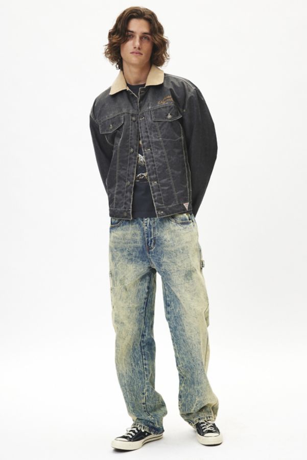 Slide View: 3: GUESS ORIGINALS Washed Denim Printed Nylon Trucker Jacket