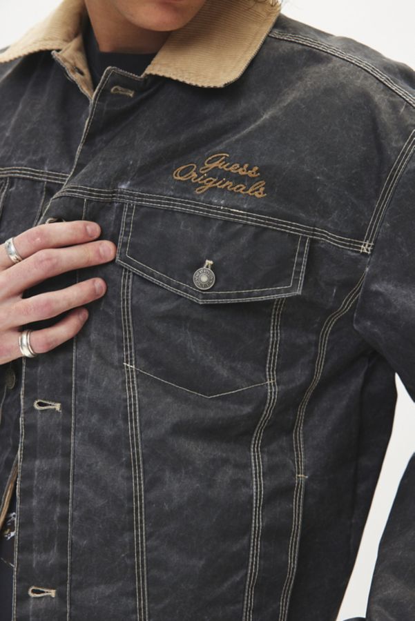 Slide View: 4: GUESS ORIGINALS Washed Denim Printed Nylon Trucker Jacket