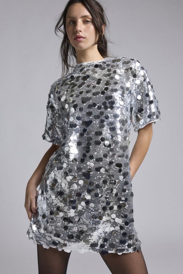 Slide View: 1: Glamorous Silver Paillette Sequin Mockneck Mini Dress