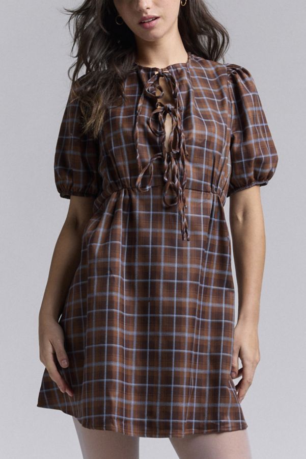 Slide View: 2: Glamorous Brown Plaid Tie-Front Mini Dress