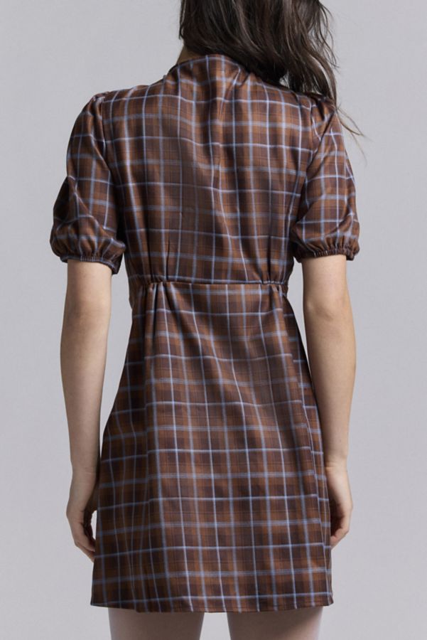 Slide View: 4: Glamorous Brown Plaid Tie-Front Mini Dress