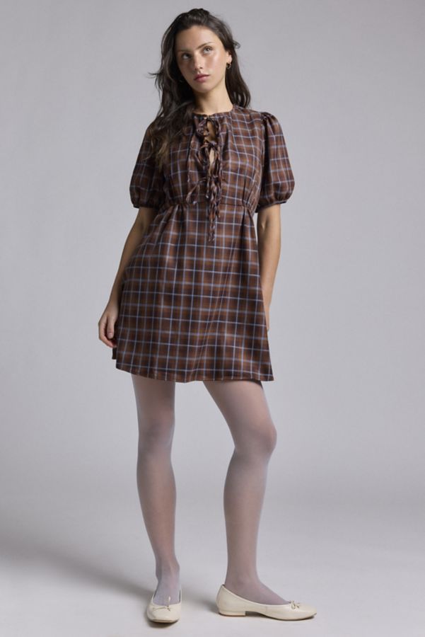 Slide View: 1: Glamorous Brown Plaid Tie-Front Mini Dress