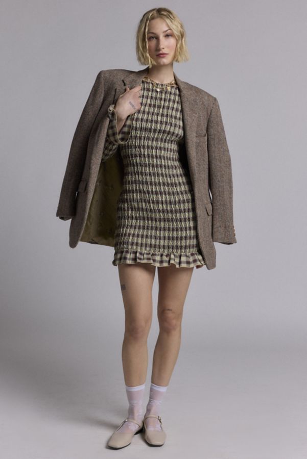 Slide View: 2: Daisy Street Shirred Plaid Long Sleeve Mini Dress