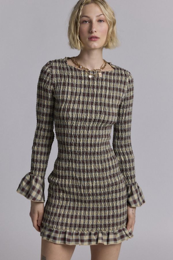 Slide View: 1: Daisy Street Shirred Plaid Long Sleeve Mini Dress