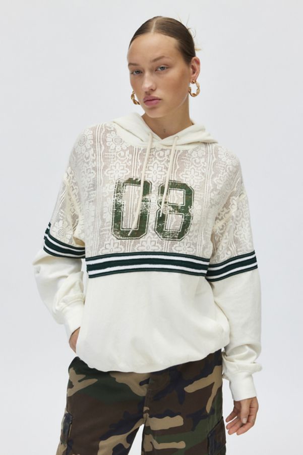 Slide View: 1: BDG Bobbie Varsity Graphic Spliced Lace Hoodie Sweatshirt