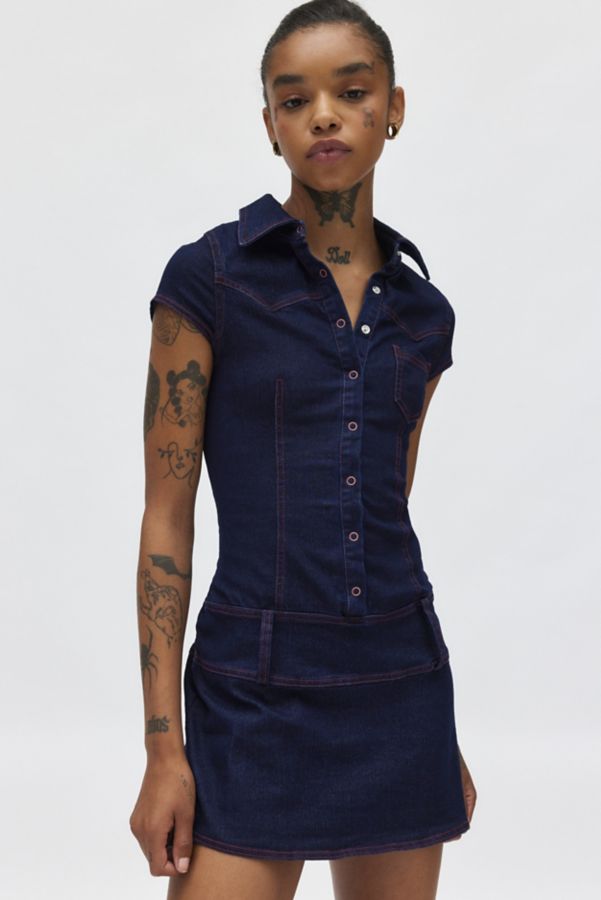 Slide View: 1: Ecote Stacey Denim Button Front Drop Waist Mini Dress