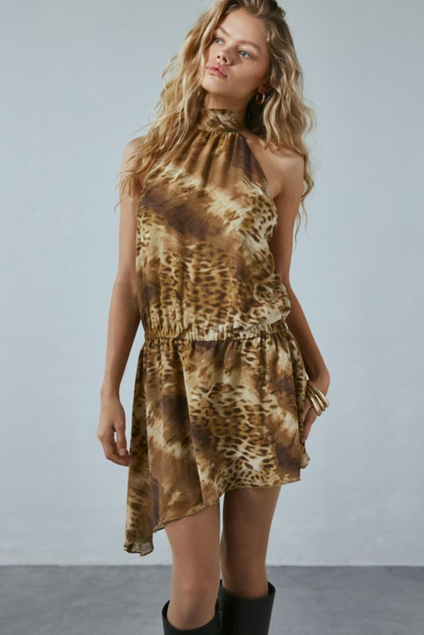 Slide View: 1: Ecote Delphone Leopard Asymmetric Halter Mini Dress