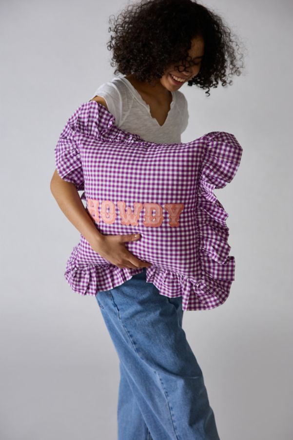 Slide View: 1: Gingham Howdy Slogan Text Ruffle Throw Pillow