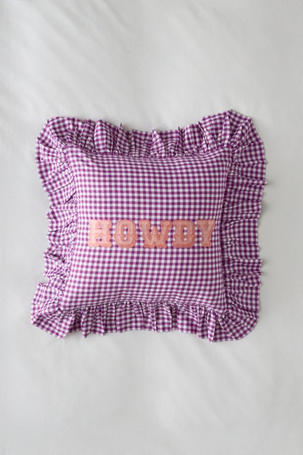 Slide View: 2: Gingham Howdy Slogan Text Ruffle Throw Pillow