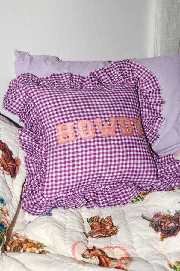 Slide View: 4: Gingham Howdy Slogan Text Ruffle Throw Pillow