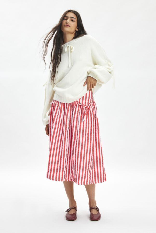 Slide View: 1: Neon Rose Ruby Striped Cotton Drop Waist Midi Skirt