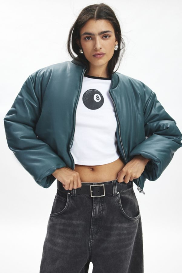 Slide View: 2: BLANKNYC Lime Light Faux Leather Cropped Bomber Jacket