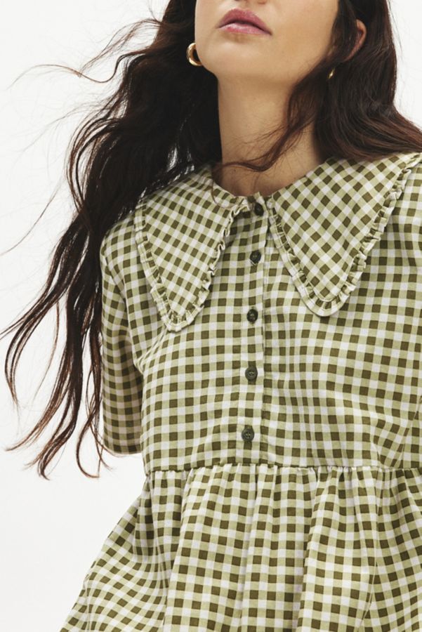 Slide View: 2: Motel Kior Ruffle Collar Gingham Babydoll Midi Dress