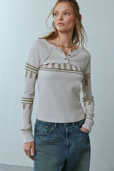 BDG Josie Embroidered Thermal Long Sleeve Henley Tee