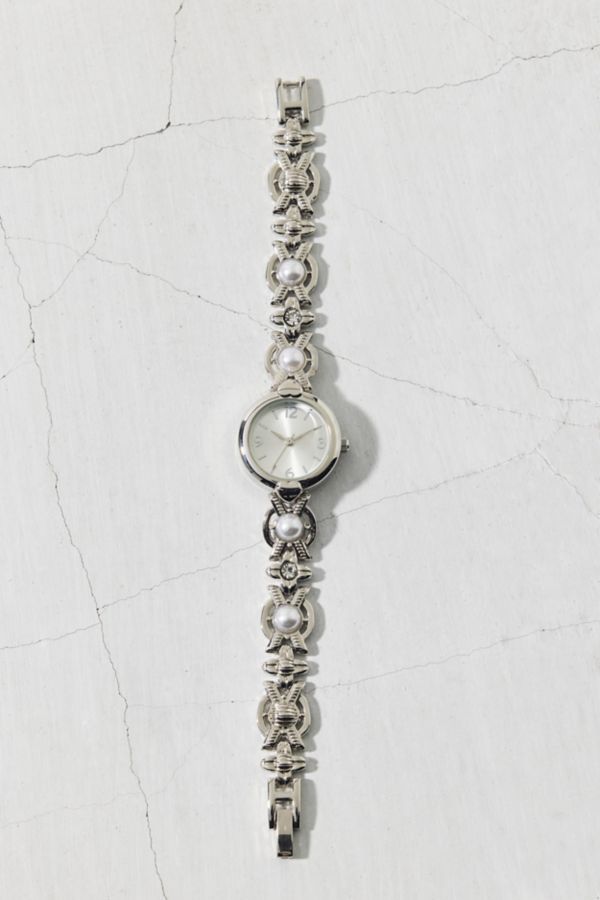 Slide View: 2: Pearl Bead Linked Chain Round Watch