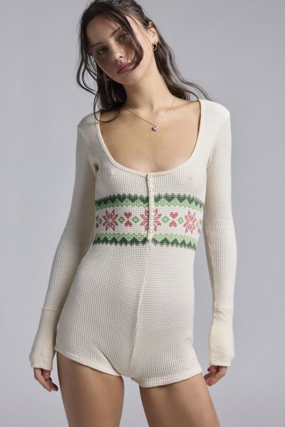 Out From Under Lounge Around Waffle Knit Fairisle Romper