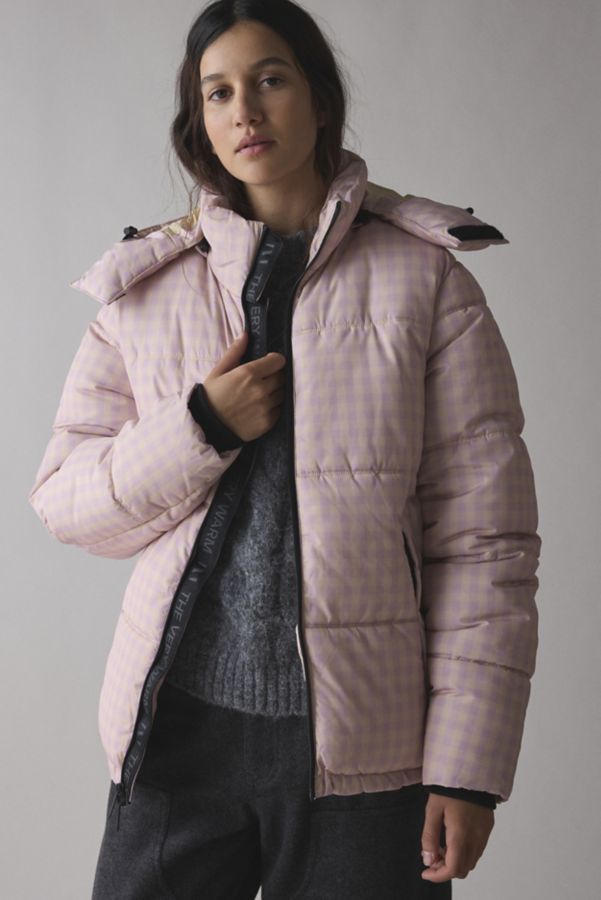 Slide View: 1: The Very Warm Pink Gingham Check Hooded Puffer Coat