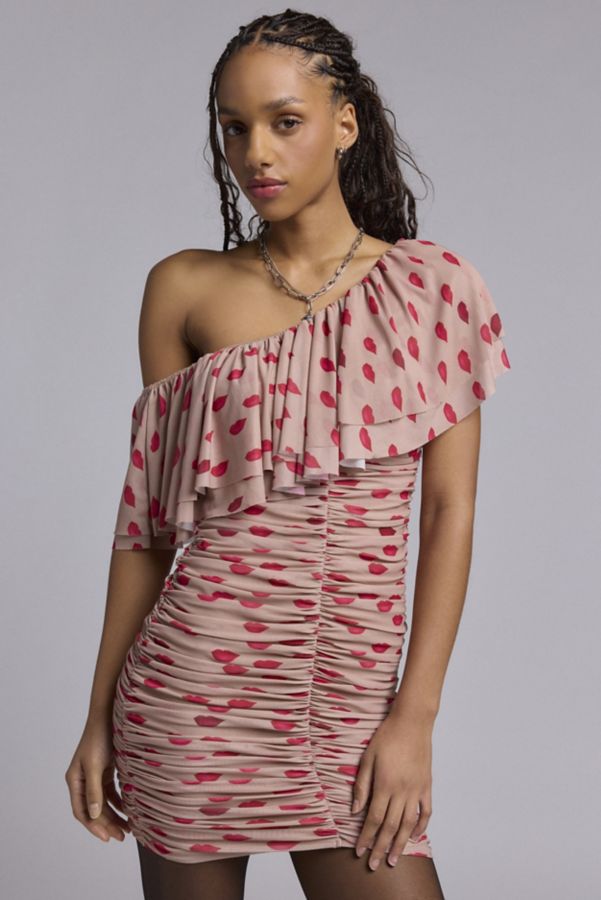 Slide View: 1: AFRM Vivian Almond Kiss One Shoulder Ruched Mini Dress