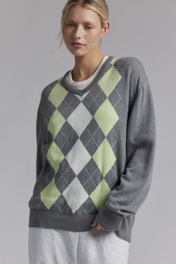 Slide View: 2: BDG Tashi Argyle Oversized V-Neck Sweater