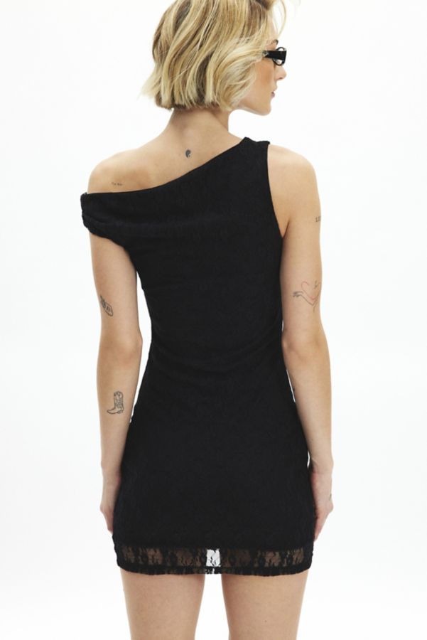 Slide View: 4: UO Up All Night Asymmetric Off-The-Shoulder Lace Mini Dress