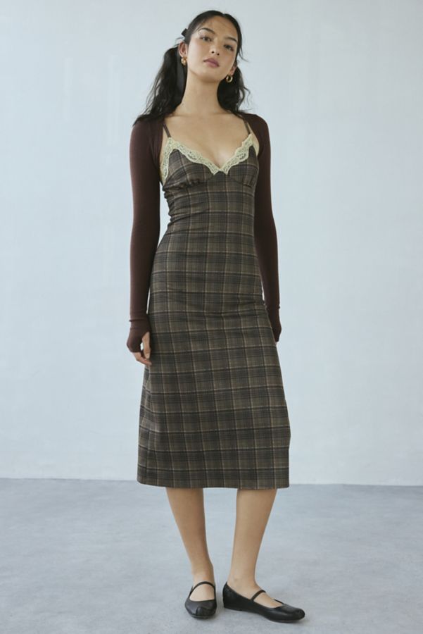 Slide View: 2: Motel Delfina Lace Trim Plaid Slip Midi Dress