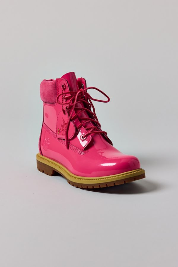 Slide View: 3: Botte Imperméable à Lacets 6 Pouces en Cuir Verni Rose Timberland Premium