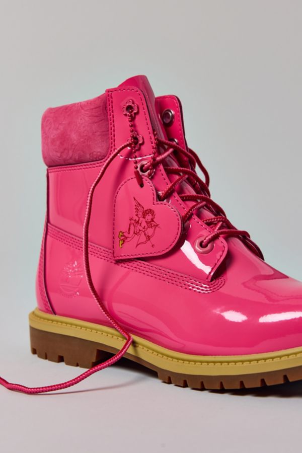 Slide View: 1: Botte Imperméable à Lacets 6 Pouces en Cuir Verni Rose Timberland Premium