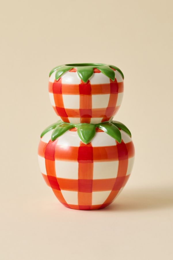 Slide View: 2: Stacked Strawberry Gingham Ceramic Vase