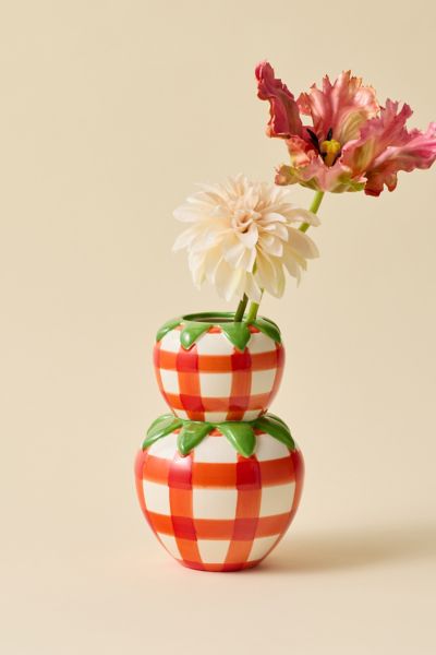 Stacked Strawberry Gingham Ceramic Vase