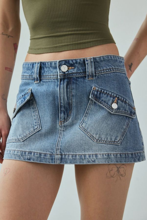 Slide View: 2: Abrand 99 Liv Low-Rise Flap Pocket Denim Micro Skirt