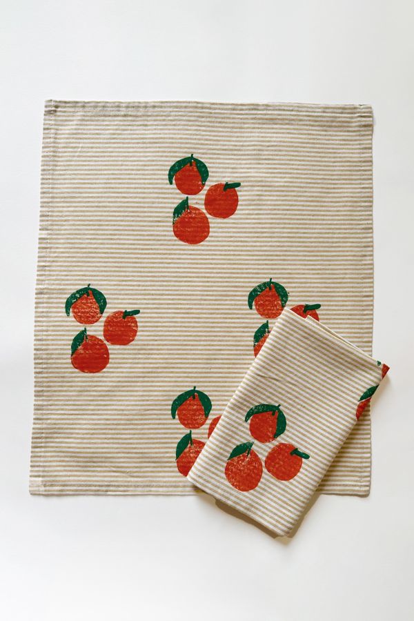 Slide View: 2: Julie Peach Block Printed Tangerine Stripe Napkin Set