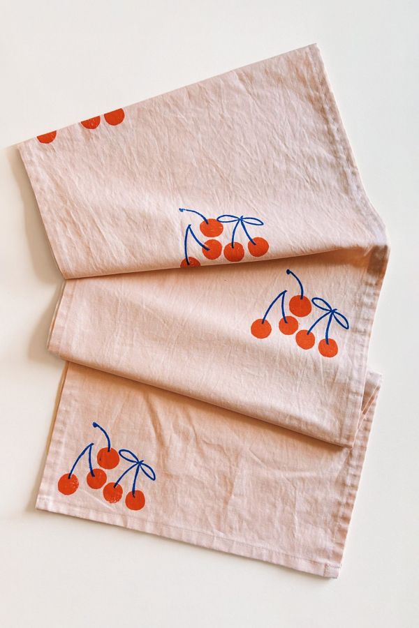 Slide View: 1: Julie Peach Block Printed Cherries Table Runner