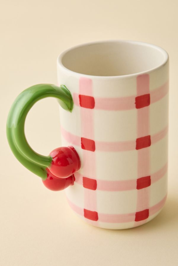 Slide View: 3: Gingham Pattern Cherry Handle Ceramic Mug