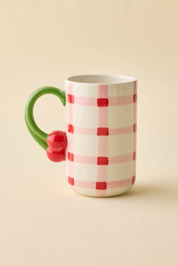 Slide View: 1: Gingham Pattern Cherry Handle Ceramic Mug