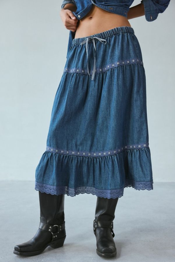 Slide View: 2: Kimchi Blue Laina Tiered Prairie Denim Midi Skirt