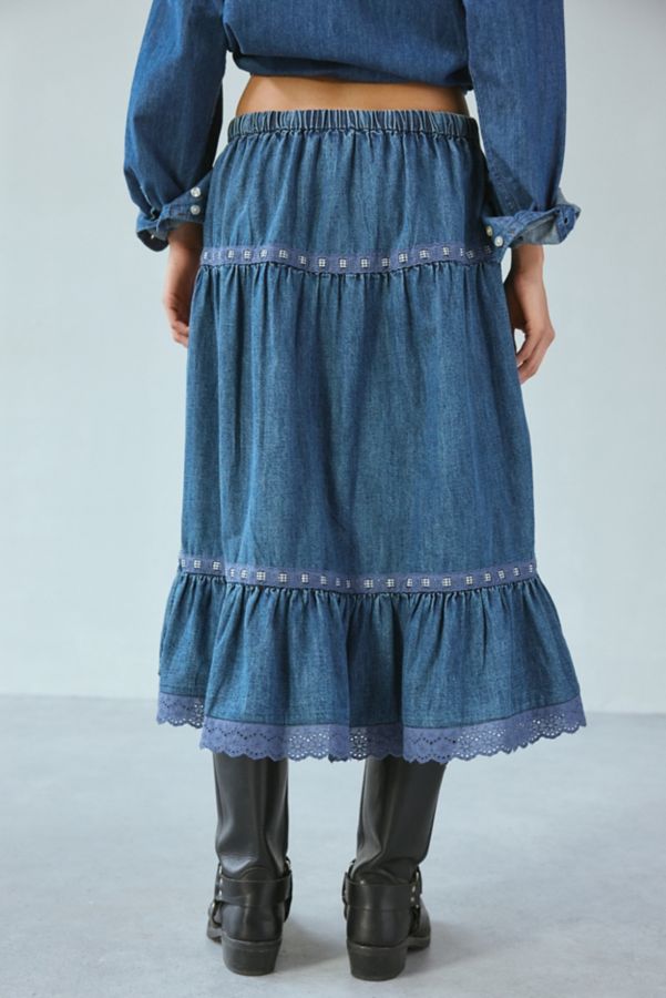 Slide View: 3: Kimchi Blue Laina Tiered Prairie Denim Midi Skirt