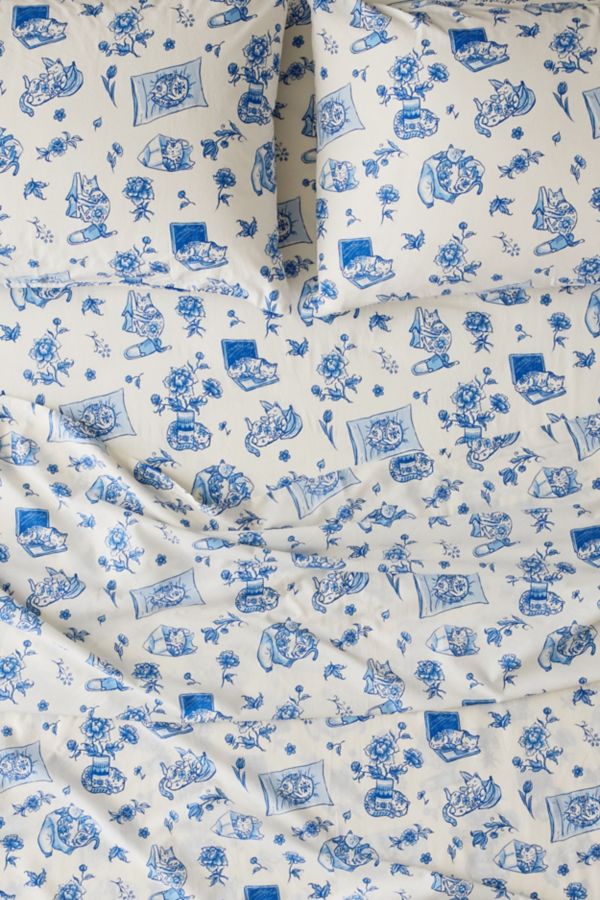 Slide View: 1: Delft Cat Patterned Sheet Set